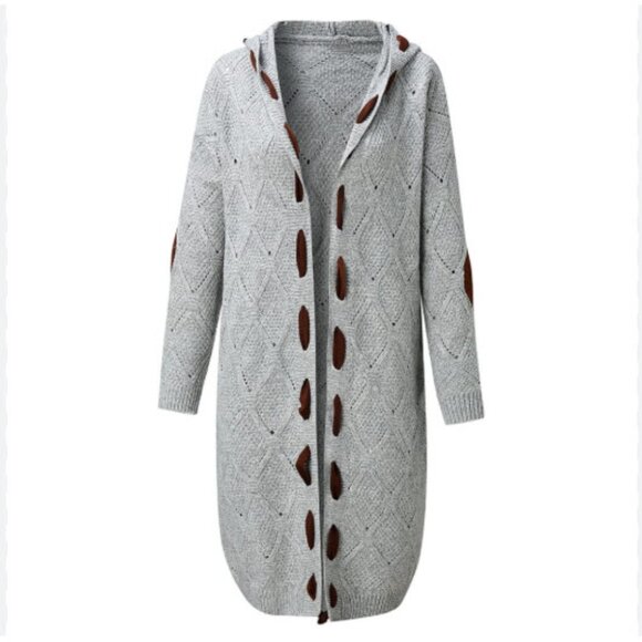 Large Camisa light gray hooded cardigan with brown elbow patches and stitching - Picture 9 of 13